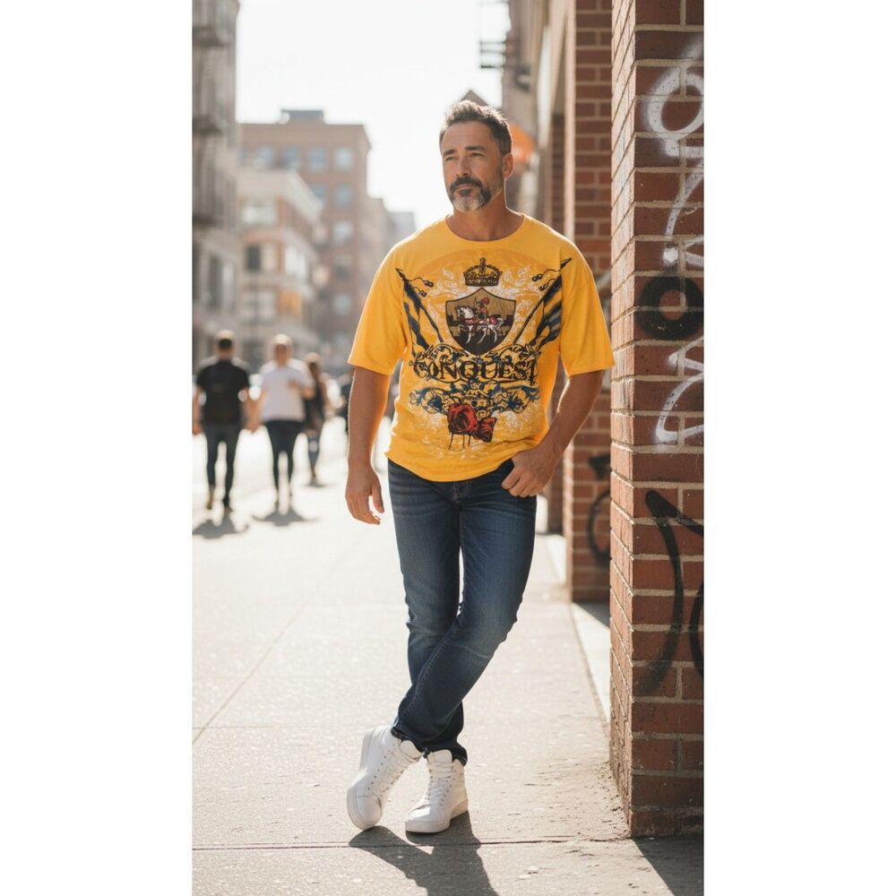 VTG Y2K Men's Streetwear Graphic Attitude Gold Tee Size 3X Freedom Pride Victory